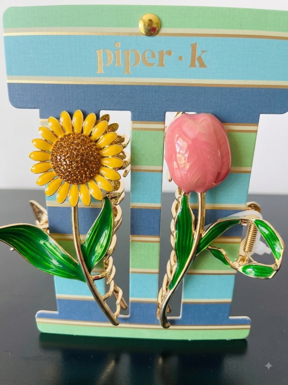 Piper K. Sunflower & Pink Tulip 2-Pack Metal Hair Claw Clip Set Giftable